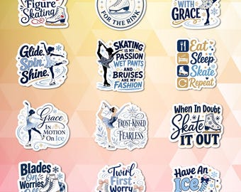 May include: A collection of twelve die-cut stickers featuring figure skating themes. Each sticker displays blue and white text, illustrations of ice skates, and silhouettes of skaters in various poses, including phrases like I Love Figure Skating and Eat Sleep Skate Repeat.