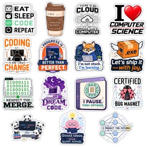 May include: A collection of fourteen vinyl stickers featuring computer programming themes, including text like Eat Sleep Code Repeat, I Love Computer Science, and various illustrations of computers, a fox, pandas, and a brain with circuit patterns.