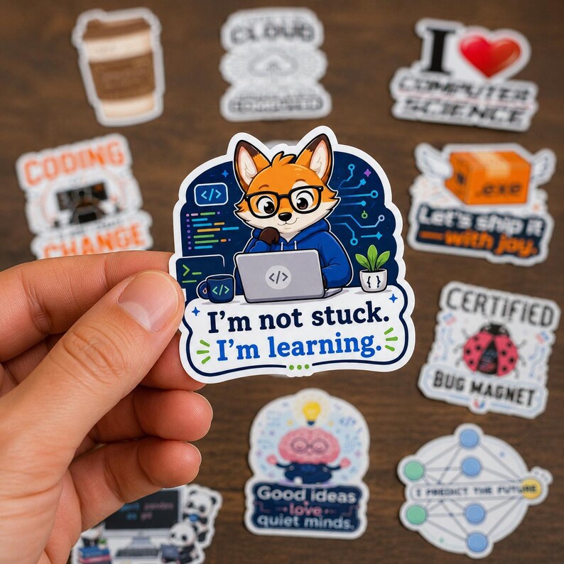 K&ouml;nnte beinhalten: Ein gestanzter Vinyl-Aufkleber mit einem Cartoon-Fuchs, der eine Brille und einen blauen Kapuzenpullover tr&auml;gt und an einem Laptop tippt. Der Text lautet, I'm not stuck. I'm learning. Der Hintergrund zeigt Leiterplattenmuster, eine Pflanze und eine Tasse.