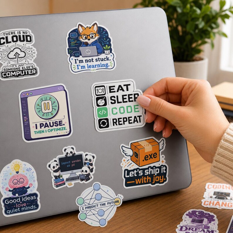 K&ouml;nnte beinhalten: Eine Sammlung von Vinyl-Aufklebern auf einer Laptop-Oberfl&auml;che mit verschiedenen Motiven zum Thema Programmierung, darunter ein Fuchs-Programmierer, ein Gehirn mit Gl&uuml;hbirne, eine mit .exe beschriftete Box sowie Texte wie Eat Sleep Code Repeat.