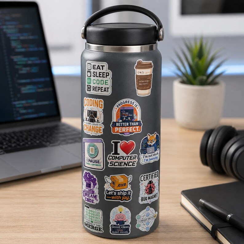 K&ouml;nnte beinhalten: Eine dunkelgraue Edelstahl-Trinkflasche mit schwarzem Deckel und Tragegriff, beklebt mit verschiedenen bunten Aufklebern zu Informatik-Themen, Programmier-Witzen und Technik-Grafiken, darunter Texte wie Eat Sleep Code Repeat und I Love Computer Science.