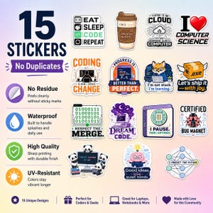 K&ouml;nnte beinhalten: Ein Set aus 15 einzigartigen Aufklebern zum Thema Informatik und Programmierung mit verschiedenen Motiven wie einem Kaffeebecher, einem Fuchs-Programmierer, einem Marienk&auml;fer, Pandas und Texten wie Eat Sleep Code Repeat und I Predict The Future.
