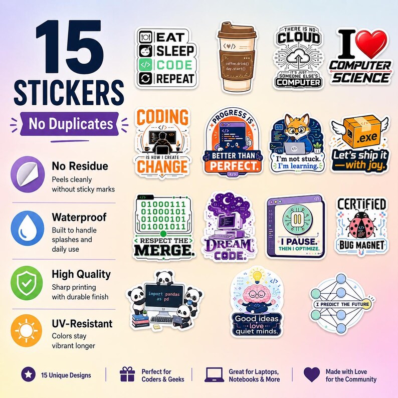 K&ouml;nnte beinhalten: Ein Set aus 15 einzigartigen Aufklebern zum Thema Informatik und Programmierung mit verschiedenen Motiven wie einem Kaffeebecher, einem Fuchs-Programmierer, einem Marienk&auml;fer, Pandas und Texten wie Eat Sleep Code Repeat und I Predict The Future.