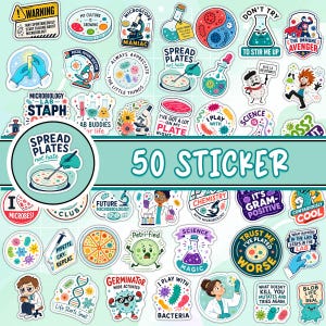 May include: A collection of 50 colorful vinyl stickers featuring microbiology and science themes. The designs include petri dishes, microscopes, flasks, and cartoon bacteria with humorous text like Spread Plates Not Hate and Science Is Magic.