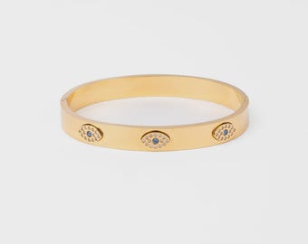 18K Gold Plated Stainless Steel Evil Eye Bangle, Crystal Protection Bracelet