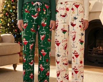 Personalized Christmas Pajama Loose Pants: Custom Santa Wine Glasses Sleepwear Bottoms