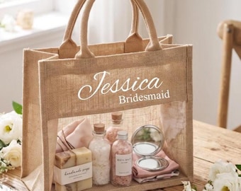 Bolsa de yute personalizada, bolsa de regalo con ventana transparente, propuesta para damas de honor, recuerdos de boda rústicos