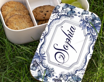 Gepersonaliseerde blauwe bento lunchbox met bloemenprint | Geschikt voor de magnetron, BPA-vrij, inclusief bestek
