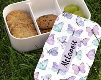 Gepersonaliseerde bento lunchbox met pastelkleurige vlinders, speciaal voor kinderen, school, reizen, milieuvriendelijk en schattig cadeau voor meisjes.