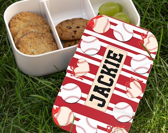 Gepersonaliseerde lunchbox met honkbalthema voor meisjes | Gestreepte rode honkballen, voor de start van het schooljaar