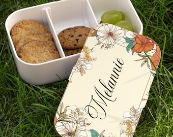 Gepersonaliseerde bento lunchbox met bloemenprint, een op maat gemaakt cadeau voor vrouwen, voor op kantoor en voor de start van het schooljaar.