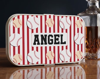 Gepersonaliseerde lunchbox met honkbalnaam | Gestreepte rode honkballen, terug naar school