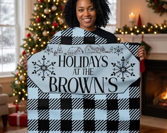 Gepersonaliseerde vakanties bij de Browns: Sherpa-deken | Buffalo Check Snowflake Familienaam