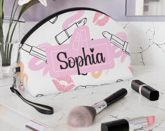Gepersonaliseerde make-uptas met lippenstiftpatroon | Cosmetisch etui met naam