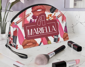 Make-up tasje met lippenstiftkuspatroon | Gepersonaliseerd cosmetica-etui