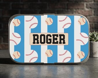 Gepersonaliseerde lunchbox met honkbalnaam | Gestreepte rode honkballen, terug naar school