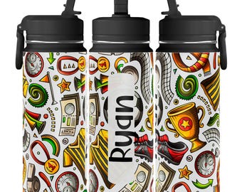 Gepersonaliseerde mini-waterfles voor jongens met doodle-schoolpictogrammen | Naamoptie, voor de start van het schooljaar.
