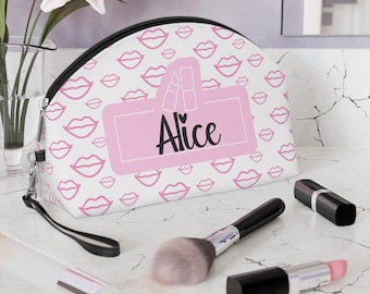 Gepersonaliseerde make-uptas met roze lippenpatroon | Cosmetische tas met eigen naam