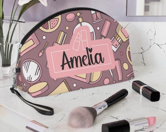 Gepersonaliseerde roze make-uptas met patroon | Cosmetische tas met eigen naam
