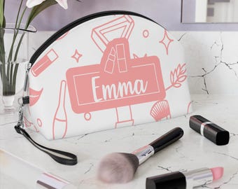 Gepersonaliseerde make-uptas met naam | Cosmetisch tasje, roze beauty-patroon, cadeau voor meisjes, bruidsmeisjes, verjaardag