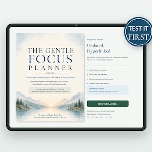 Puede incluir: El Gentle Focus Digital Planner de Quiet Roots Co. es una agenda digital sin fecha e hipervinculada para adolescentes y adultos jóvenes. Contiene 136 páginas, es compatible con Goodnotes, Notability, Noteshelf y Xodo, creado por un trabajador social.