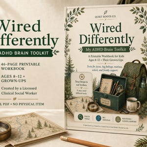 May include: A 46-page printable workbook titled Wired Differently: My ADHD Brain Toolkit. The cover features a forest theme with a green storage box, a backpack, a compass, and a map. Text includes A Printable Workbook for Kids Ages 8-12 + Their Grown-Ups, Tools for focus, big feelings, routines, school, and family support, and Your brain is not broken.
