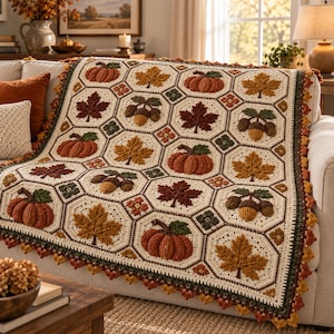 Può includere: Una coperta all'uncinetto color crema con un motivo esagonale ripetuto e decorazioni a tema autunnale, tra cui zucche arancioni, ghiande marroni e varie foglie d'acero in tonalità di giallo, arancione e marrone scuro, con bordo.