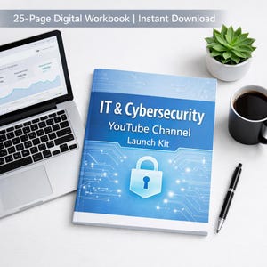 May include: A 25-page digital workbook titled IT & Cybersecurity YouTube Channel Launch Kit. The cover features a blue circuit board pattern and a white padlock icon. It is displayed next to a laptop, a small green succulent, and a black pen.