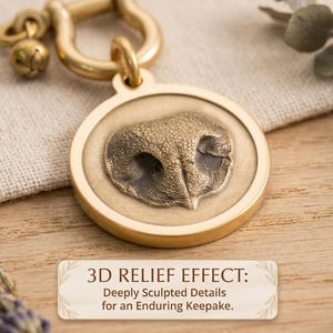 May include: A round brass pet tag featuring a 3D relief of an animal nose in the center. The tag is attached to a brass shackle and a small bell. Text on the image reads: 3D RELIEF EFFECT: Deeply Sculpted Details for an Enduring Keepsake.