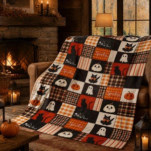 Halloween Patchwork Blanket, Black Cat Ghost Pumpkin Throw, Vintage Cottagecore Fall Decor, Halloween Gift