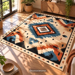 Hand-Tufted Wool Southwestern Geometric Rug, Aztec Tribal Diamond Medallion (Rust Blue Cream)