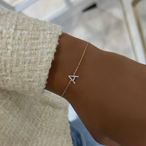 Dainty Diamond Initial Bracelet, 18K Gold Personalized Lab Grown Diamond Letter Bracelet, Minimalist Gift for Her, Mother's Day Jewelry