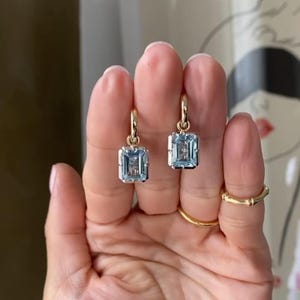 Aquamarine Step Cut Huggie Earrings, Cut Down Collet Hoop Earrings, White & Yellow Gold Minimalist Luxury Jewelry Gift for Her