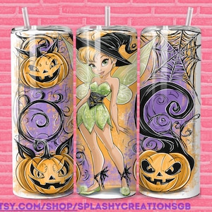 May include: A cylindrical tumbler featuring a graphic illustration of a fairy wearing a black witch hat, surrounded by orange jack-o'-lanterns, purple swirling patterns, and a black spider web design. The tumbler includes a clear straw at the top.