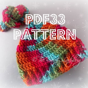 May include: PDF33 PATTERN crochet hat and matching headband in a colorful striped pattern with red, orange, green, blue, and pink yarn.