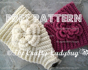 Textured crochet headband pattern with flower - PDF7 instant download