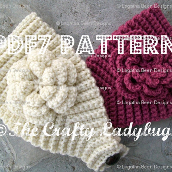 Textured crochet headband pattern with flower - PDF7 instant download