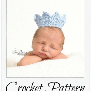 May include: A light blue crocheted crown for a newborn baby. The crown is made with a delicate stitch pattern and has a pointed top. The crown is perfect for a baby photo shoot or as a special gift.