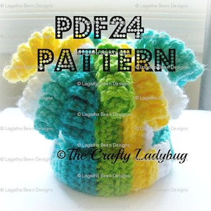 May include: A crochet pattern for a colorful hat with a white, yellow, green, and blue design. The pattern is called "PDF24" and is by "The Crafty Ladybug".