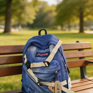 May include: A blue JanSport backpack with a faded wash effect, featuring beige adjustable straps with black plastic buckles, a top handle, and a rectangular brand patch. A beige paper tag with black icons hangs from the front zipper pull.