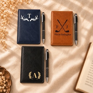 Personlig läderanteckningsbok med penna, anpassad initialjournal för män, monogramanteckningsbok, marskalkens present, golfpresent till pappa och make