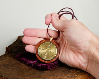 ENGRAVED SOLID BRASS  Chartres Labyrinth, polished, leather cord
