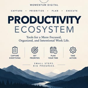 Op de afbeelding: Een digitale afbeelding met de titel Productivity Ecosystem van Momentum Digital. Het bevat vier iconen voor Capture, Prioritize, Plan en Execute, met de tekst Small Steps. Big Progress. en Systems Today. A Better Tomorrow. boven een berglandschap.