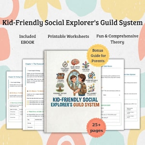 May include: A Kid-Friendly Social Explorer's Guild System educational kit featuring a central manual with an illustrated cover, multiple printable worksheets, an included ebook, and a bonus guide for parents, totaling over 25 pages of content.