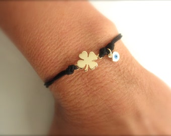 Lucky gold clover bracelet with evil eye dangle  - lucky bracelet - 4 leaf bracelet - protection bracelet - evil eye bracelet -