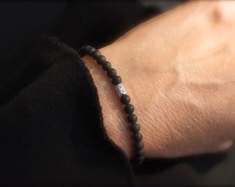 mate black onyx bracelet with pave bead - adjustable onyx bracelet - unisex bracelet - skinny bracelet - unisex bracelet