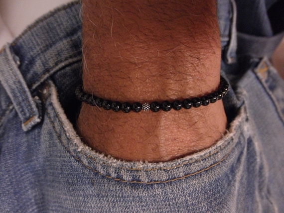 Black Onyx Bracelet: Oxidized Sterling Silver Bead, Adjustable Unisex Design