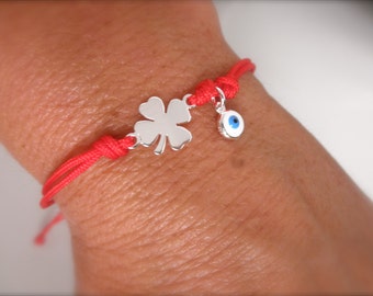 Lucky silver clover bracelet with evil eye dangle - lucky bracelet - 4 leaf bracelet - protection bracelet - evil eye bracelet -