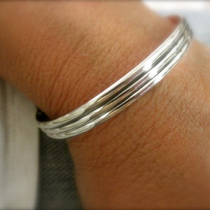 Hand Forged Sterling Silver Striped Cuff Bracelet - Oxidized Finish