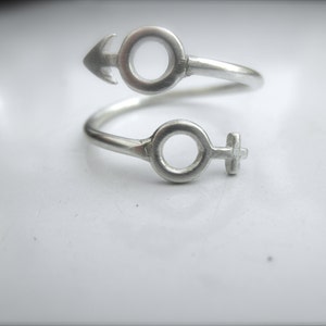 May include: A silver ring with a twisted design featuring the male and female symbols.